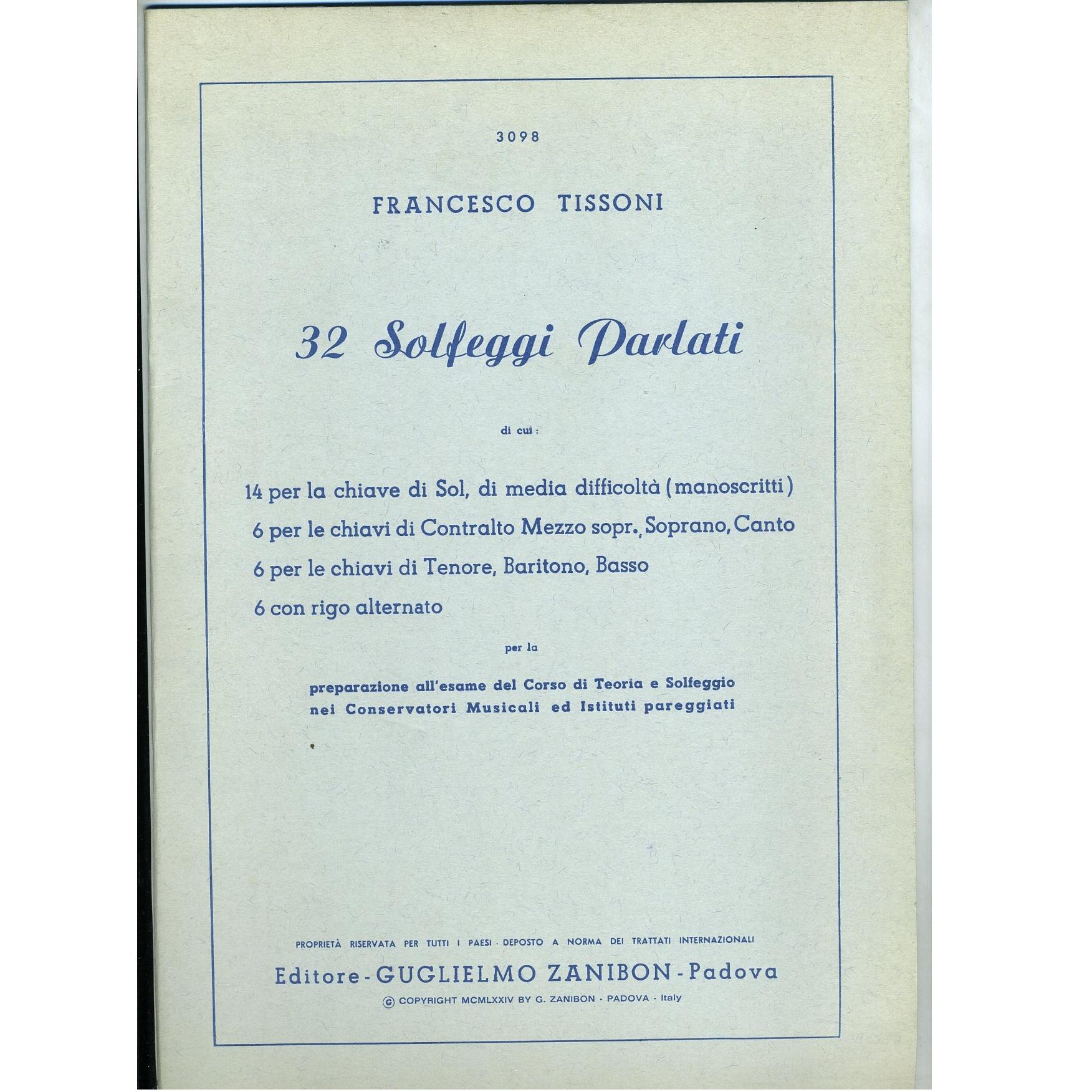 Tissoni 32 Solfeggi Parlati Editore Guglielmo Zanibon Padova 