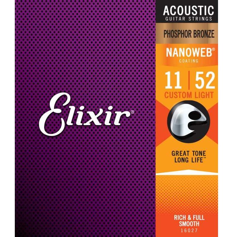Elixir 16027 (11-52) Nanoweb Coating Phosphor Bronze Custom Light Muta di corde per chitarra acustica