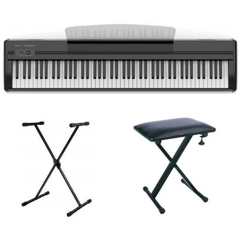 Orla Stage Starter Black + Supporto a X e Panca in metallo, Alimentatore leggio e pedale incluso Pianoforte Digitale