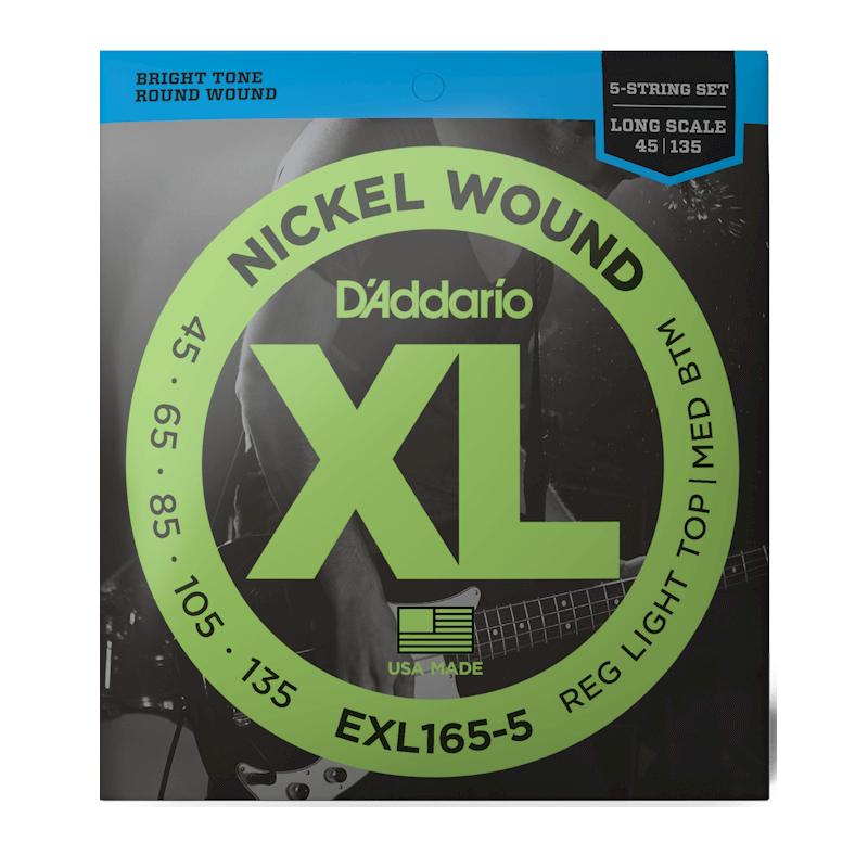 D'Addario EXL165-5 45-135 Regular Light Top/Medium Bottom Long Scale Muta di corde per basso