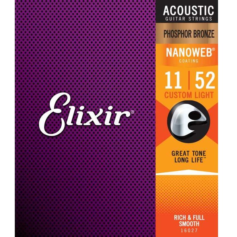 Elixir 16027 1152 Nanoweb Coating Phosphor Bronze Custom Light Muta di corde per chitarra acustica